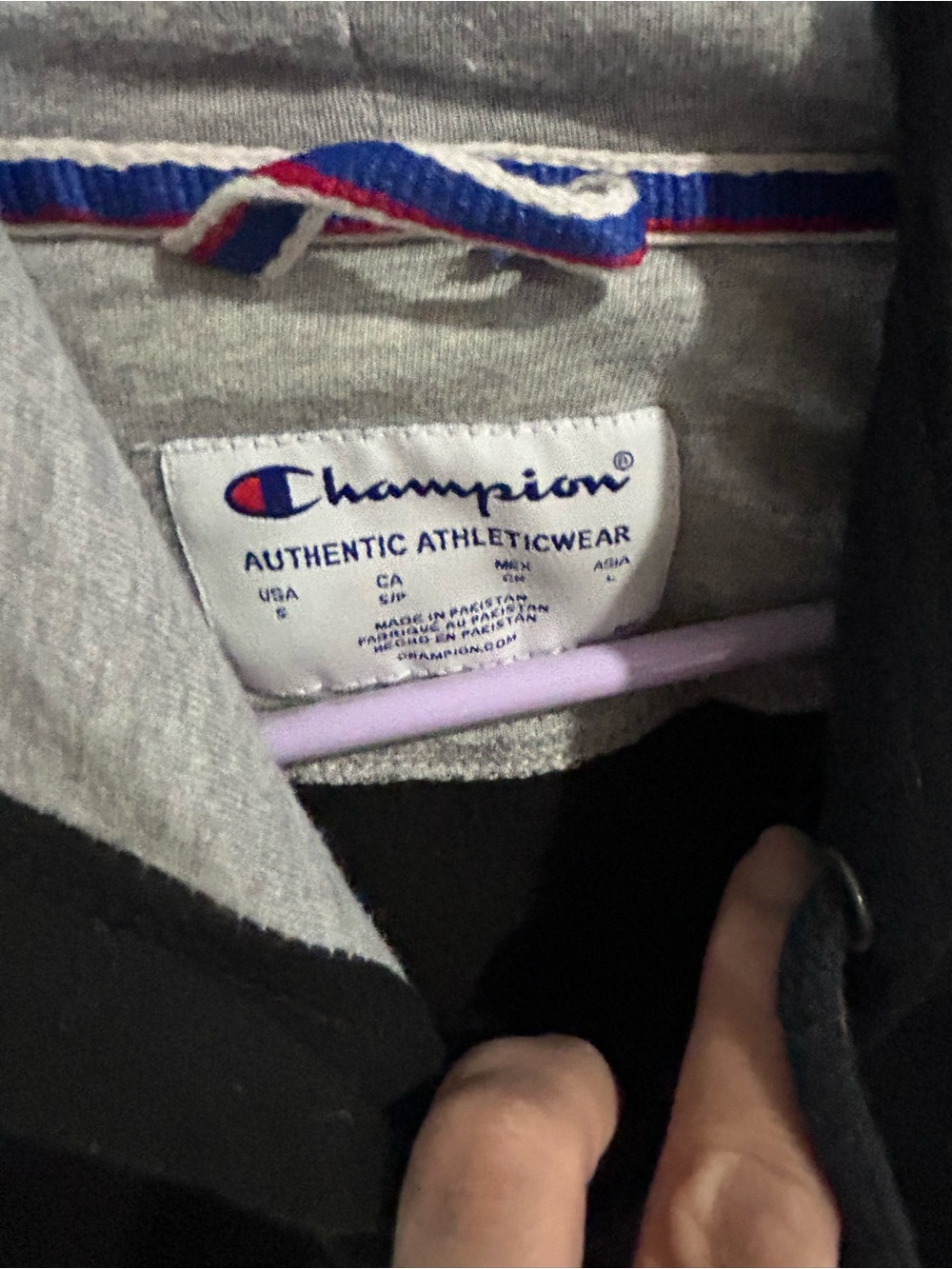 Champion Men's Black Jacket with Grey Lining and Red-Blue Trim